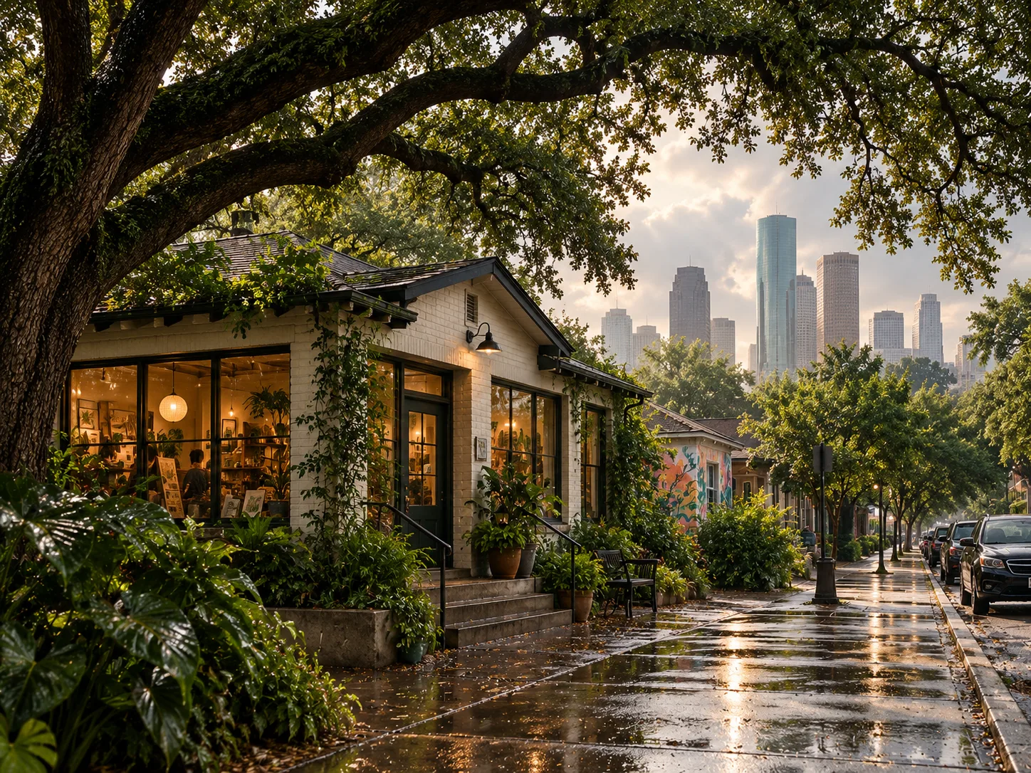 A painted-brick Houston bungalow shopfront under huge live oaks after rain, downtown just visible through the branches